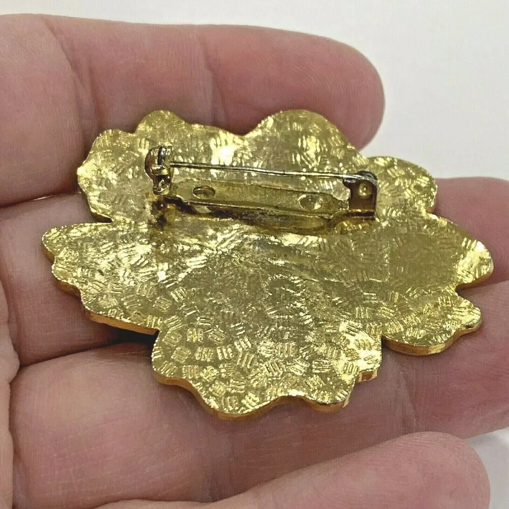 Vintage Gold Tone Brooch Flower Power Red & Pink Enamel Pin Romantic Mod Whimsy